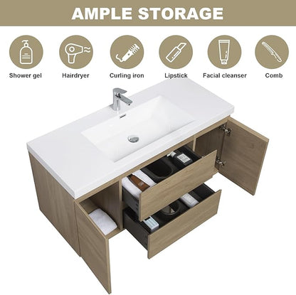 Floating Vanity Bathroom, 48 Inch Bathroom Vanity with Sink, Wall Mounted Single Sink Bathroom Vanity, Soft Closed 2 Drawers, Integrated Sink (Natural Oak)