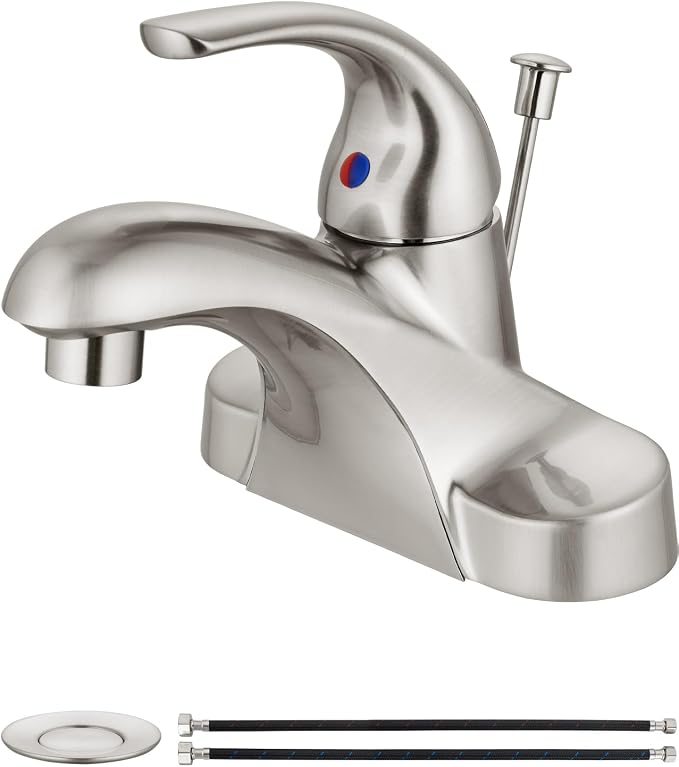 4-Inch Centerset Bathroom Sink Faucet with Drain, Brushed Nickel | Single-Handle Vanity Faucet with Lift Rod Drain, 24-Inch Supply Lines, 1.2 GPM, 3-Hole Deck Mount, Easy Installation