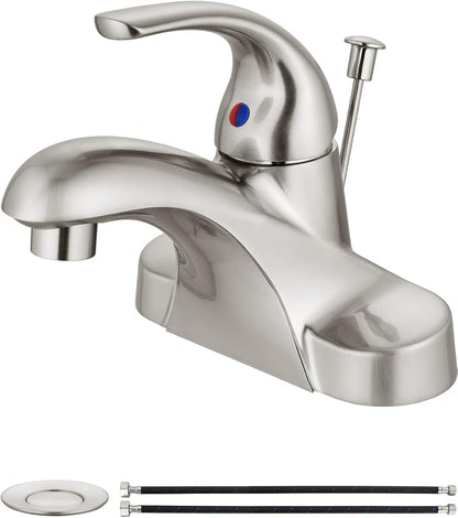 4-Inch Centerset Bathroom Sink Faucet with Drain, Brushed Nickel | Single-Handle Vanity Faucet with Lift Rod Drain, 24-Inch Supply Lines, 1.2 GPM, 3-Hole Deck Mount, Easy Installation