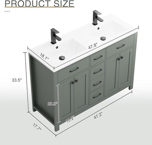 LUCKWIND 48" Bathroom Vanity with Sink Combo, Painted Modern Bathroom Storage Cabinet with Double Resin Sink, Four Doors and Three Drawers, Include Faucet Without Mirror, Green