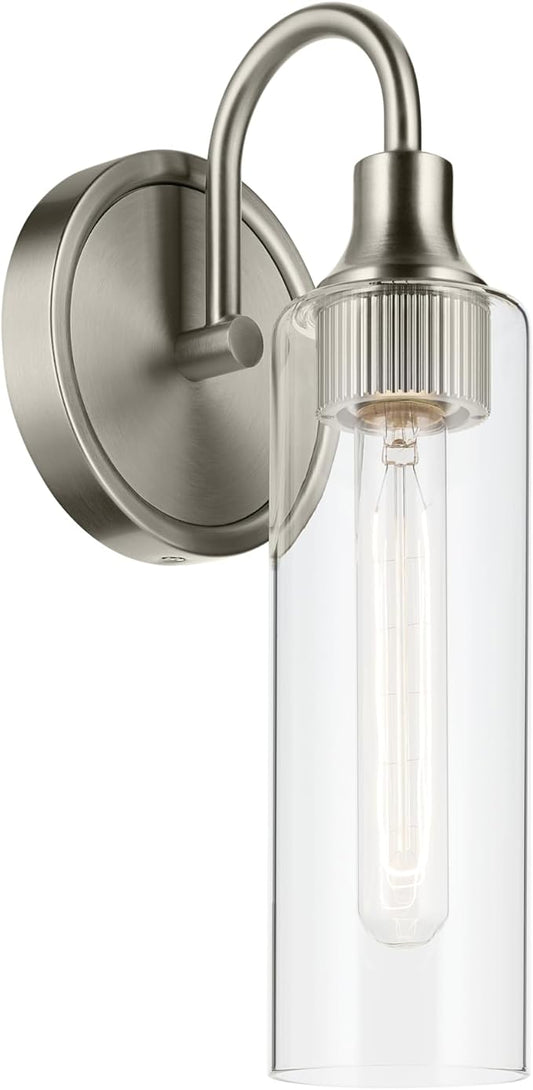 Kichler Kavi 5" 1-Light Wall Sconce with Clear Glass in Brushed Nickel, Damp Rated, for Bathroom, Powder Room, Kitchen, Hallway, Bedroom, Fireplace, (5" W x 13" H), 55209NI