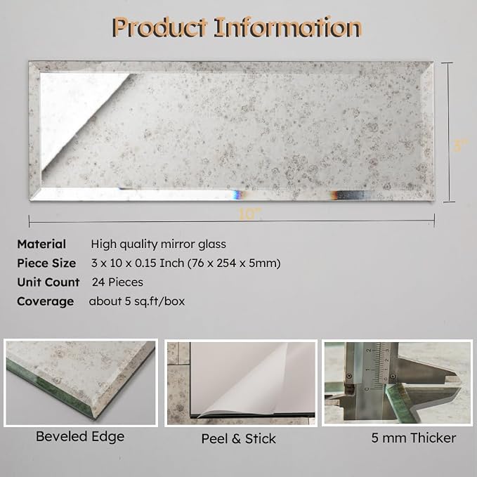 Peel and Stick Mirror Backsplash, Light Antique, 3x10 Inch, Beveled Mirror Subway Kitchen Bar Wall Tile (5 Sq.ft, 24 Pcs)