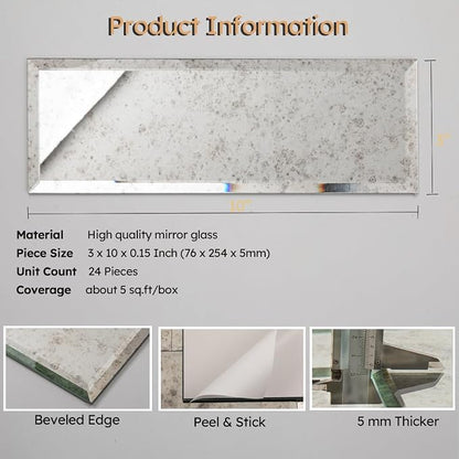 Peel and Stick Mirror Backsplash, Light Antique, 3x10 Inch, Beveled Mirror Subway Kitchen Bar Wall Tile (5 Sq.ft, 24 Pcs)