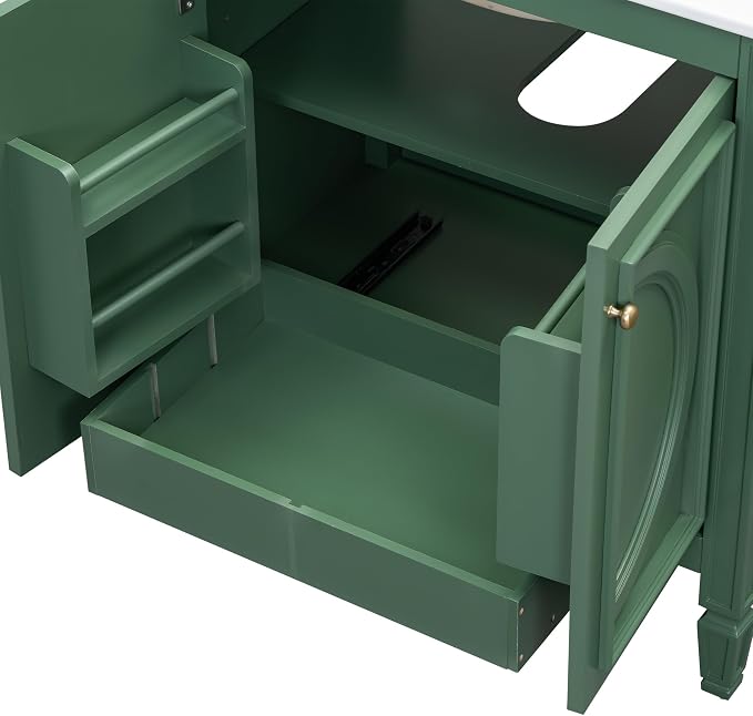 Christopher Knight Home Benton 30" Bathroom Vanity with Ceramic Sink, Wood Frame, Adjustable Shelves, Soft Close Door Hinges, Storage Cabinet with 2-Tier Door Organizer, 1 Drawer, Green