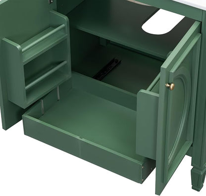 Christopher Knight Home Benton 30" Bathroom Vanity with Ceramic Sink, Wood Frame, Adjustable Shelves, Soft Close Door Hinges, Storage Cabinet with 2-Tier Door Organizer, 1 Drawer, Green
