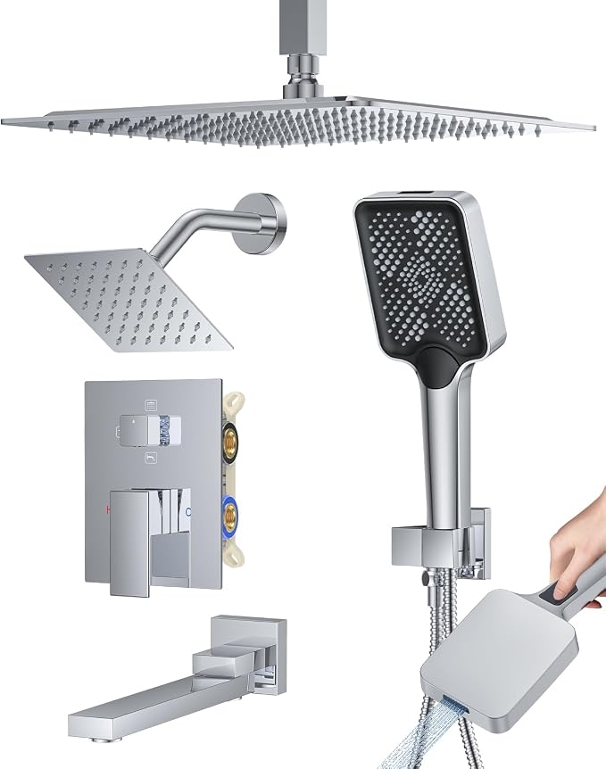 Woindo 4 Function Shower Faucet Set 12" Rain Shower Head/6'' Side Shower Head and 3 Setting Handheld Ceiling Mount Push Button Diverter Complete Rainfall Round Shower System Included Valve Trim Kit