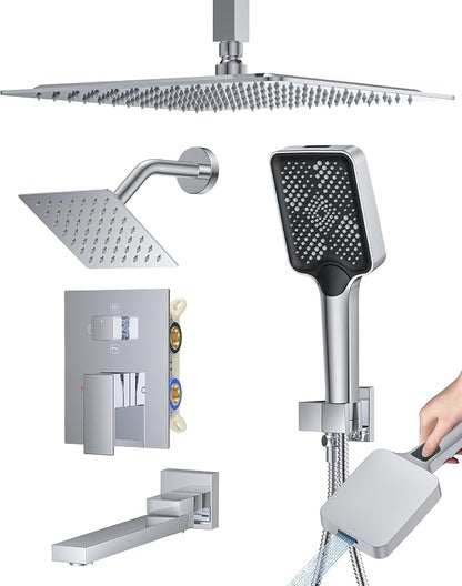 Woindo 4 Function Shower Faucet Set 12" Rain Shower Head/6'' Side Shower Head and 3 Setting Handheld Ceiling Mount Push Button Diverter Complete Rainfall Round Shower System Included Valve Trim Kit