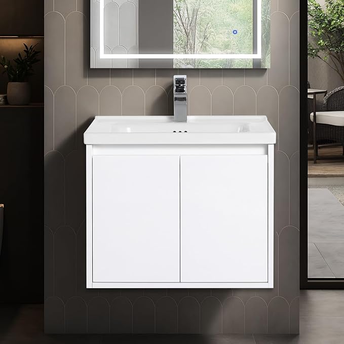 Blossom 24 Inch Glossy White Plywood Floating Bathroom Vanity with Ceramic Sink, Preassembled Wall Mounted Small Bathroom Vanity Cabinet with Soft Close Doors