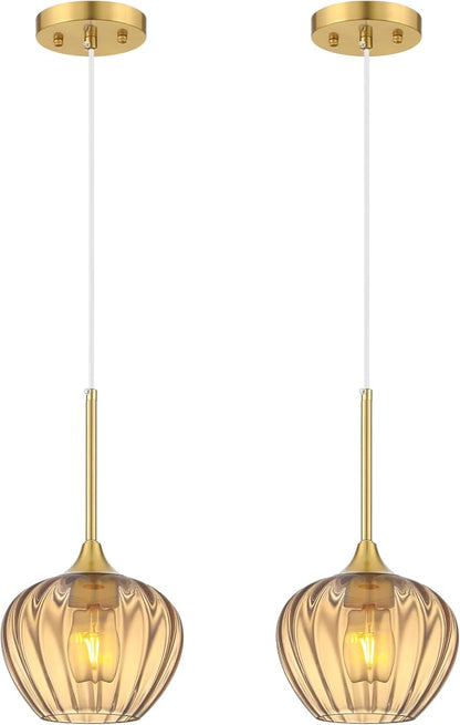 2-Pack Amber Glass Pendant Lights for Kitchen Island, 7.7" Modern Pendant Lighting Vintage Gold Light Fixtures Adjustable Hanging Light for Kitchen, Dining Room, Bar, Bathroom