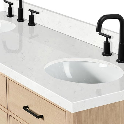 ARIEL Hepburn 66-inch Bathroom Vanity with Sink,Solid Wood, 1.5-inch Carrara White Quartz Countertop & Backsplash, Double Oval Porcelain Sink, 4 Soft Closing Doors, 6 Dovetail Drawers, White Oak