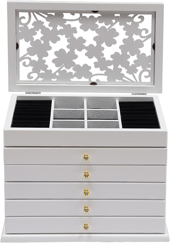 Extra Large Four-Leaf Carved 6 Layers Wooden Jewelry Box Jewelry Case Cabinet Armoire Ring Necklacel Gift Storage Box Organizer (White)