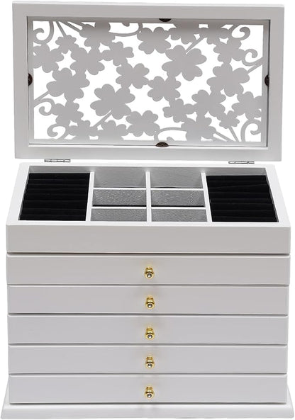 Extra Large Four-Leaf Carved 6 Layers Wooden Jewelry Box Jewelry Case Cabinet Armoire Ring Necklacel Gift Storage Box Organizer (White)