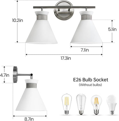 WOSHITU Bathroom Vanity Light Fixtures - Brushed Nickel Bathroom Lighting Fixtures Over Mirror 2-Lights with Modern Milky White Frosted Glass Shade, Mid Century Wall Light 17.3in (Exclude E26 Bulb)