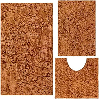Bathroom Rugs Chenille 3-Piece Extra Soft and Absorbent Shag Bathroom Rugs, Machine Wash Mat, Strong PVC Non-Slip Underside, Plush Carpet Mats (Champagne)