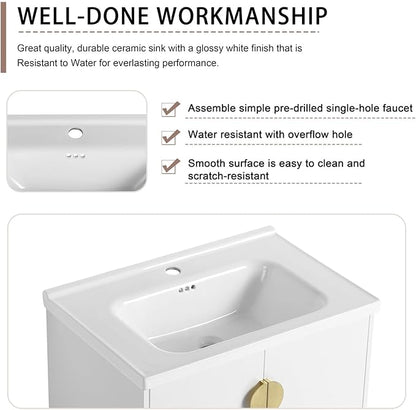 28inch Wall Mount Bathroom Vanity w/Sink Combo for Small Space, Modern Ceramic Countertop Double Door Cabinet, Floating White Vanity Set w/Gold Handle