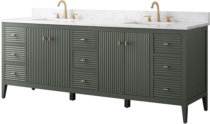 Vanity Art 84 inch Bathroom Vanity with Double Sink & Ceramic Top, Vanity Cabinet with Soft-Closing Door, Solid Wood Frame, Linear Pattern, Walnut, Golden Brushed Handware,Vintage Green