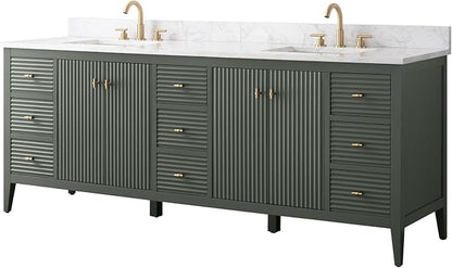 Vanity Art 84 inch Bathroom Vanity with Double Sink & Ceramic Top, Vanity Cabinet with Soft-Closing Door, Solid Wood Frame, Linear Pattern, Walnut, Golden Brushed Handware,Vintage Green