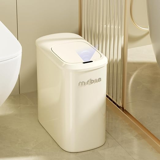 MRBIN Metal Motion Sensor Bathroom Trash Can with Lid and Wheels, 10L/2.6gal Automatic Removable Slim Electric Narrow Waste Basket for Near Desk Office, Bedroom, Kitchen, Rv, White