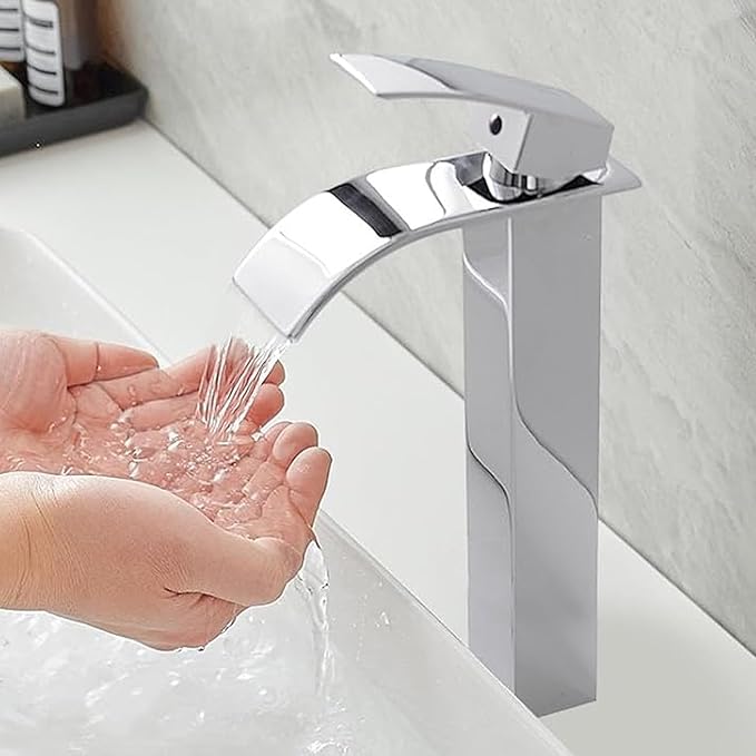 Chrome Bathroom Vessel Sink Faucet, Waterfall Type Spout Tall Body High 1 Hole Single Handle with Pop Up Drain Combo Parts Vanity Mixer Tap Commercial Basin Bowl Sink