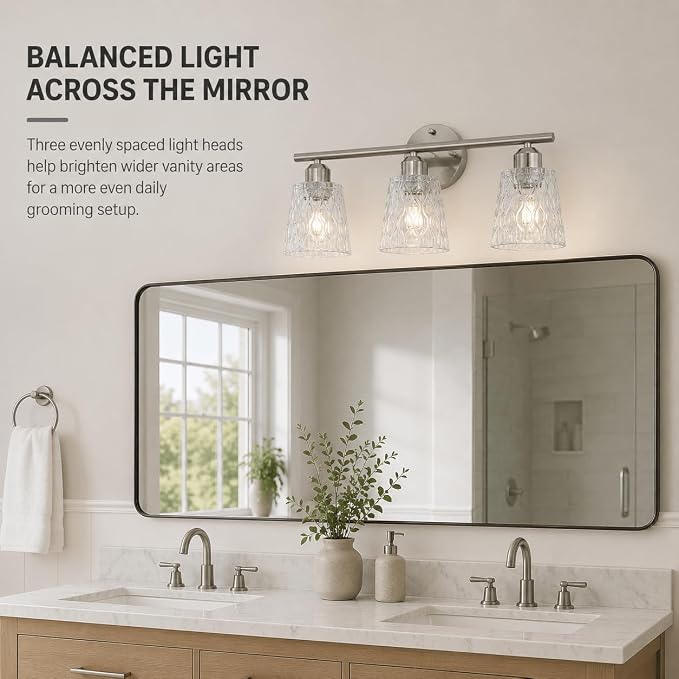 Brushed Nickel Bathroom Light Fixture, 3-Light Modern Vanity Light Over Mirror with Textured Glass Shades, Stainless Steel Construction, E26 Sockets (Bulbs Not Included)