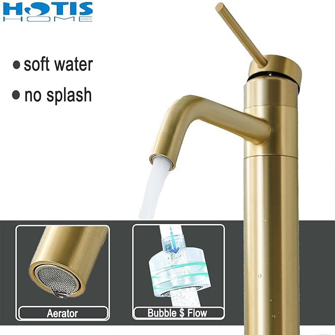 Hotis Gold Vessel Sink Faucet, 360 Swivel Brushed Gold Vessel Faucet, Single Handle Tall Body Farmhouse Vessel Faucet, Bathroom Faucets for Sink 1 Holewith Pop Up Drain