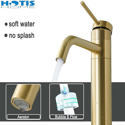 Hotis Gold Vessel Sink Faucet, 360 Swivel Brushed Gold Vessel Faucet, Single Handle Tall Body Farmhouse Vessel Faucet, Bathroom Faucets for Sink 1 Holewith Pop Up Drain