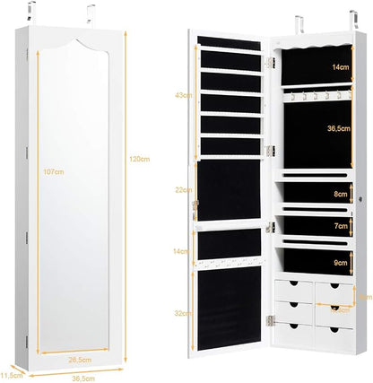 COSTWAY Jewellery Cabinet with LED Lighting, 6 Drawers and Mirror, Hanging Sail Cabinet, Wall Cabinet for Door and Wall Mounting, Lockable (White)
