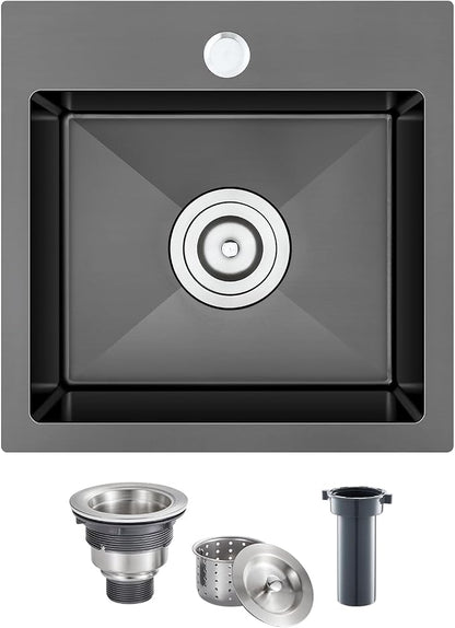 18"x18" Drop-In Single Bowl Sink 18 Gauge 304 Black Steel 1-Hole | 18 inch Black Drop-in Sink | 9" Deep Basin | Topmount/Overmount | 1-hole | Single Bowl | Small Kitchen/Wet Bar