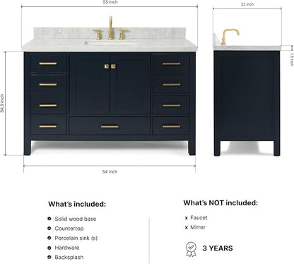DKB Beckford 54-Inch Midnight Blue Single Bathroom Vanity with Sink, Italian Carrara White Marble Countertop, Rectangle Undermount Sink, 2 Soft-Closing Doors, 9 Dovetail Drawers, No Mirror