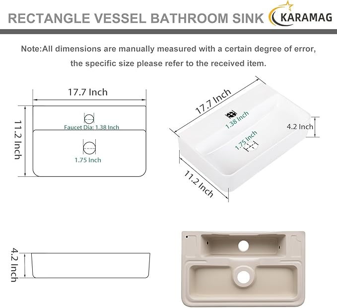 Small Vessel Sink 17.7"x11.2" Wall Mount Bathroom Sink Rectangular White Porcelain Ceramic Floating Tiny Bathroom Wall Mounted RV Sink