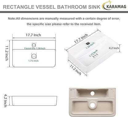 Small Vessel Sink 17.7"x11.2" Wall Mount Bathroom Sink Rectangular White Porcelain Ceramic Floating Tiny Bathroom Wall Mounted RV Sink