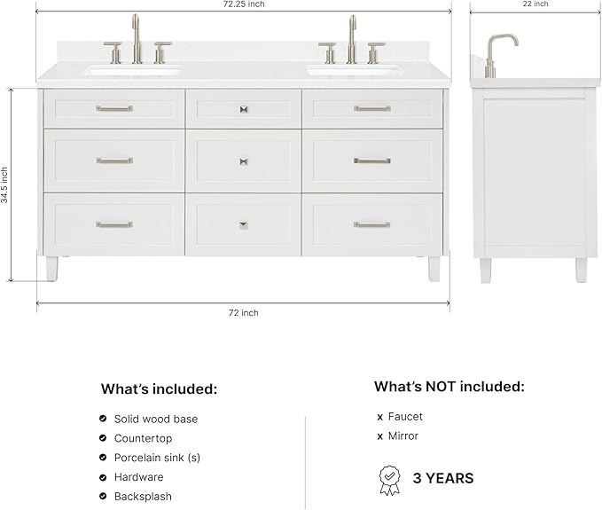 ARIEL Monroe 72-inch Bathroom Vanity with Sink,Solid Wood, 1.5-inch Carrara White Quartz Countertop & Backsplash, Double Oval Porcelain Sink, 9 Dovetail Drawers, Brushed Nickel, White