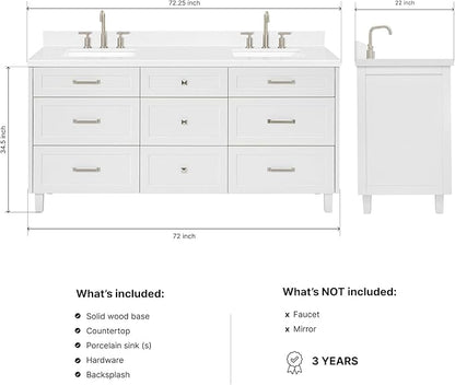 ARIEL Monroe 72-inch Bathroom Vanity with Sink,Solid Wood, 1.5-inch Carrara White Quartz Countertop & Backsplash, Double Oval Porcelain Sink, 9 Dovetail Drawers, Brushed Nickel, White