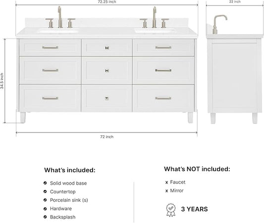 ARIEL Monroe 72-inch Bathroom Vanity with Sink,Solid Wood, 1.5-inch Carrara White Quartz Countertop & Backsplash, Double Oval Porcelain Sink, 9 Dovetail Drawers, Brushed Nickel, White