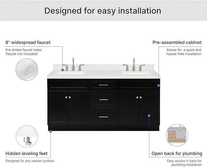 ARIEL Hamlet 72-inch Bathroom Vanity with Sink,Solid Wood, 1.5-inch Carrara White Quartz Countertop & Backsplash, Double Rectangular Porcelain Sink, 4 Soft Closing Doors, 3 Dovetail Drawers, Black