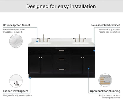 ARIEL Hamlet 72-inch Bathroom Vanity with Sink,Solid Wood, 1.5-inch Carrara White Quartz Countertop & Backsplash, Double Rectangular Porcelain Sink, 4 Soft Closing Doors, 3 Dovetail Drawers, Black