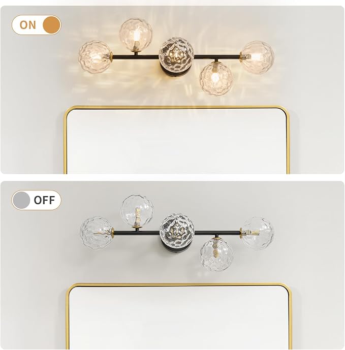 5 Lights Bathroom Vanity Light,Matte Black Globe Bathroom Light Fixtures | Hammered Clear Glass Wall Sconce Lighting,Mid Century Modern Brass Bubble Glass Bathroom Vanity Lights over Mirror,G9 Base