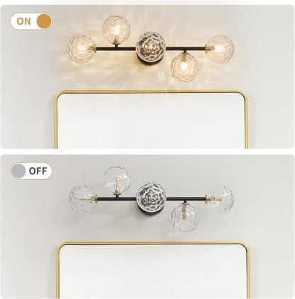 5 Lights Bathroom Vanity Light,Matte Black Globe Bathroom Light Fixtures | Hammered Clear Glass Wall Sconce Lighting,Mid Century Modern Brass Bubble Glass Bathroom Vanity Lights over Mirror,G9 Base