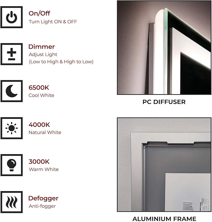 40x32 Inch Rectangular LED Bathroom Mirror with Lights Front and Backlit, 3 Color Modes, Touch Dimmer, Anti-Fog - Wall Mounted Vanity Mirror for Bathroom, Bedroom - Fab Glass and Mirror
