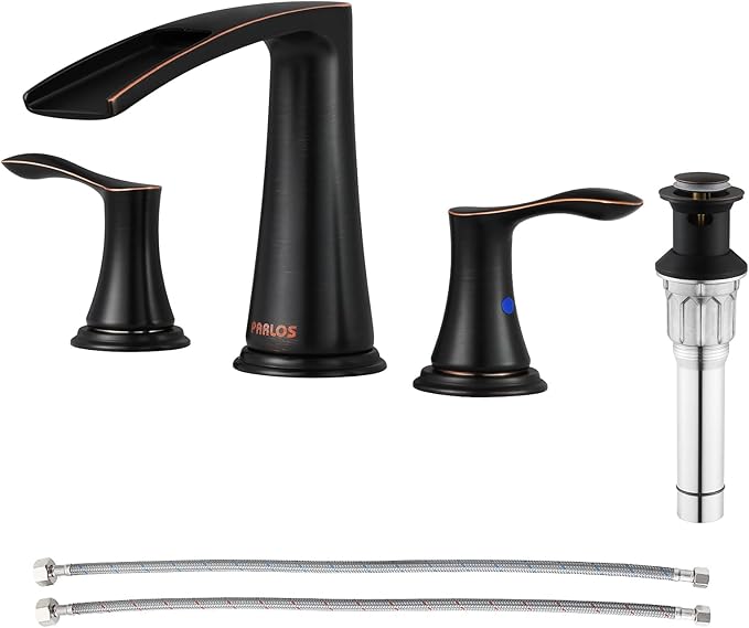 PARLOS Waterfall Widespread Bathroom Faucet Double Handles with Metal Pop Up Drain & cUPC Faucet Supply Lines, Oil Rubbed Bronze, Demeter 1431803