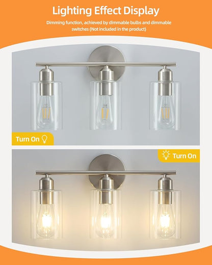 3-Light Bathroom Light Fixtures, Brushed Nickel Bathroom Vanity Lights, Bathroom Lighting Fixtures Over Mirror with Clear Glass Shade, Wall Sconce Light for Bedroom, Living Room and Hallway