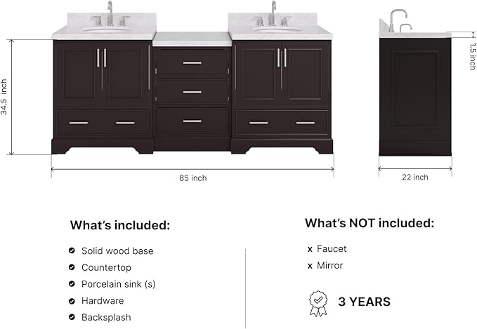 ARIEL Stafford 84-inch Bathroom Vanity with Sink,Solid Wood, 1.5in Italian Carrara Marble Countertop & Backsplash, Double Oval Porcelain Sink, 4 Soft Closing Doors, 5 Dovetail Drawers, Espresso