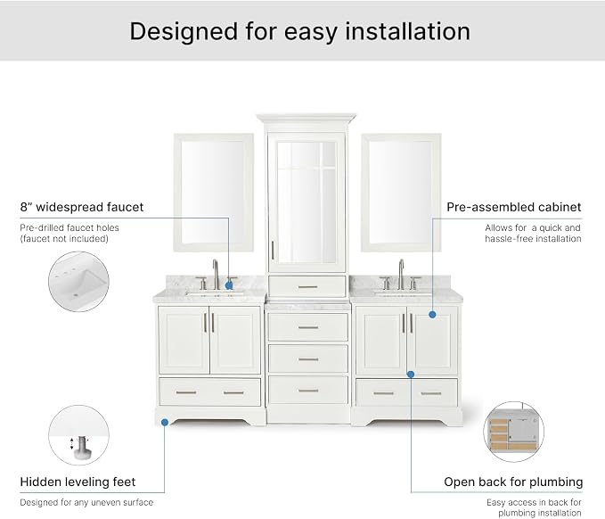 ARIEL Stafford 84-inch Bathroom Vanity with Sink,Solid Wood, 1.5-inch Italian Carrara Marble Countertop, Double Rectangular Porcelain Sink, 5 Soft Closing Doors, 6 Dovetail Drawers, White