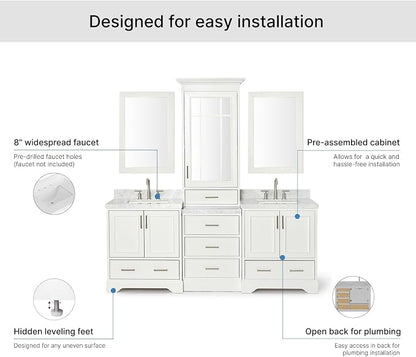 ARIEL Stafford 84-inch Bathroom Vanity with Sink,Solid Wood, 1.5-inch Italian Carrara Marble Countertop, Double Rectangular Porcelain Sink, 5 Soft Closing Doors, 6 Dovetail Drawers, White