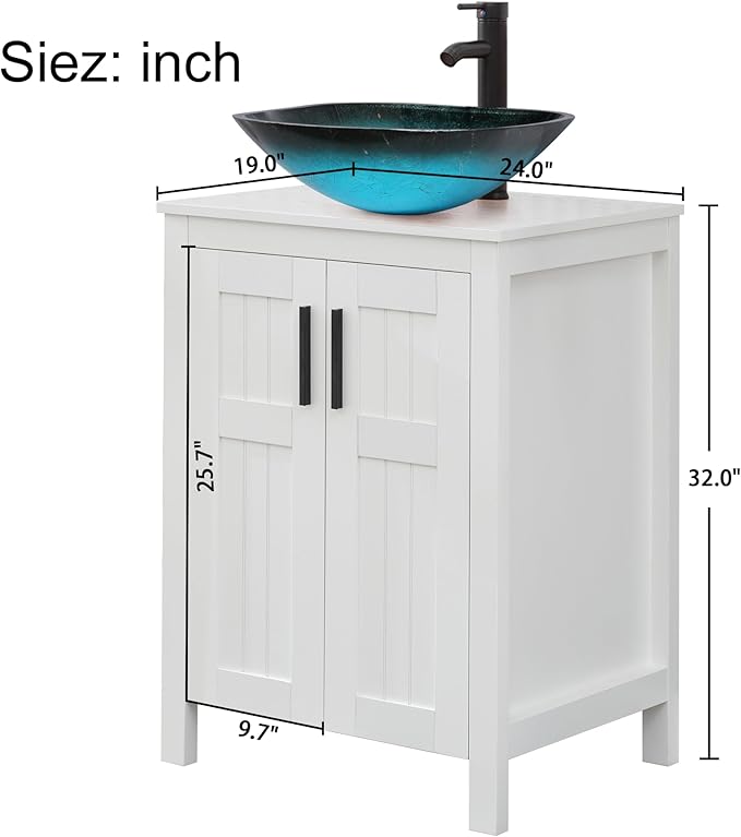 UEV White 24" Bathroom Vanity with Sink Combo,Modern Vanity with Vessel Sink,Stylish Bathroom Vanity Cabinet,Grooved Doors & Metal Handles,Modern Square Ocean Blue Tempered Glass Vessel Sink(A10)