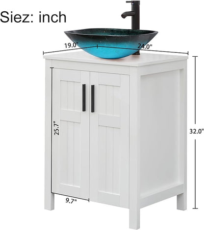 UEV White 24" Bathroom Vanity with Sink Combo,Modern Vanity with Vessel Sink,Stylish Bathroom Vanity Cabinet,Grooved Doors & Metal Handles,Modern Square Ocean Blue Tempered Glass Vessel Sink(A10)
