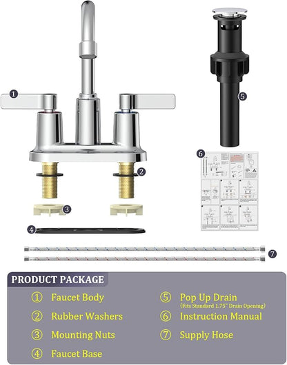 Chrome Bathroom Sink Faucet 3 Hole 4 Inch Centerset Bathroom Faucets | Faucet for Bathroom Sink with Pop Up Drain and 2 Supply Hoses 2 Handle Bathroom Faucet for Sink Vanity RV Evolvegoods