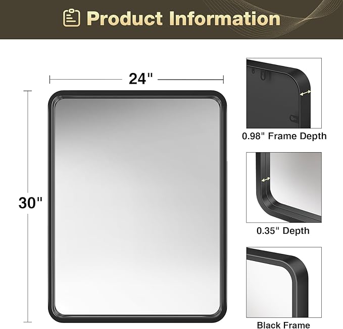 Brightify Black Bathroom Mirror for Wall, 24x30 Inch Rectangular Metal Framed Mirror, Modern Wall Mounted Vanity Mirror for Bathroom, Vertical or Horizontal