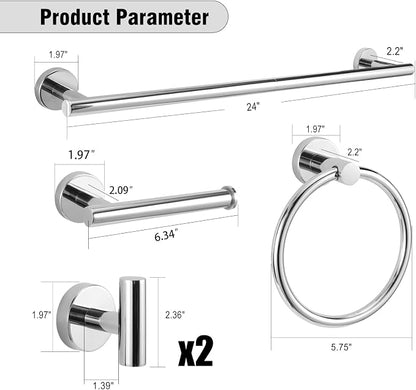 5 Piece Modern Style Wall Mounted Bathroom Hardware Set | #304 Stainless Steel, 24" Towel Bar Mount, Towel Rings, L Shape Toilet Paper Holder, Bathrobe Hook (Chrome)