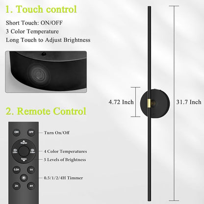 Battery Operated Wall Sconce Set of 2: 10000mAh Wireless Sconces Rechargeable Wall Lights with Touch and Remote, 360° Rotate Cordless Wall Lamp for Bedroom Living Room Hallway, 31.5 Inch, Black
